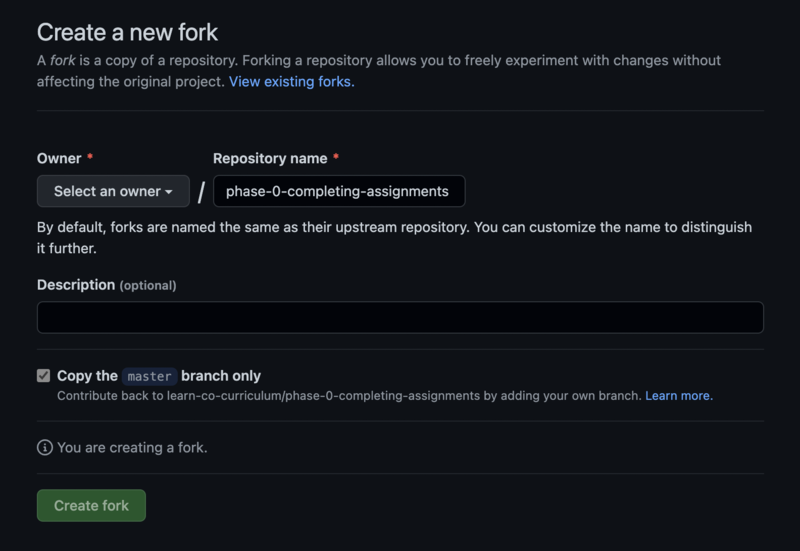 Screenshot of the 'Create a new fork' form