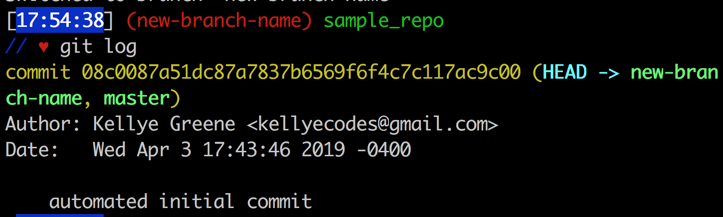 "git log on new branch"